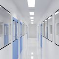 A bright, long corridor of pharmaceutical cleanroom doors leads to contained areas with light blue doors.