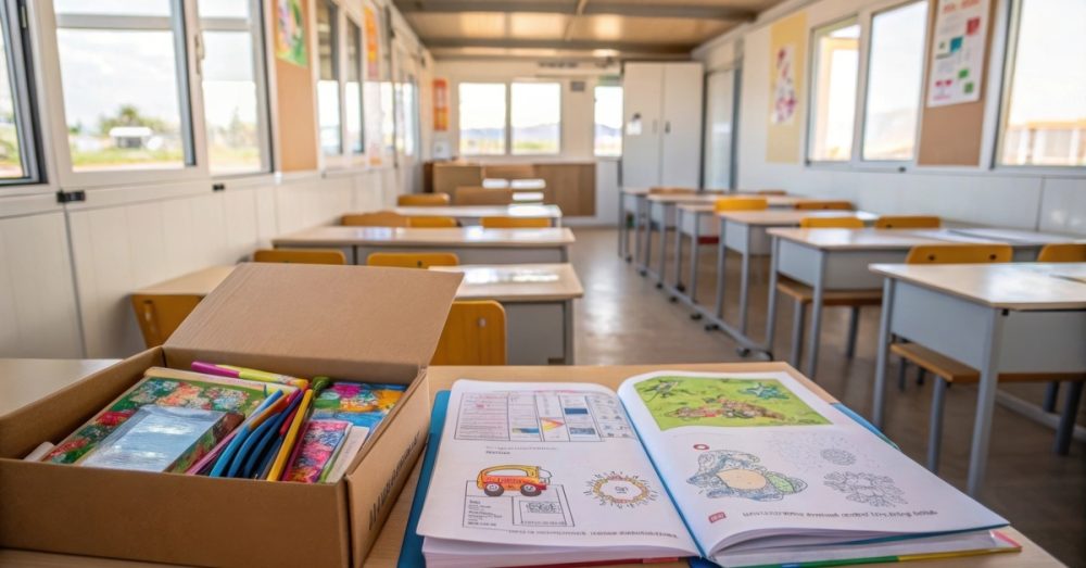 A modular classroom setup with rows of desks and chairs. There are books and coloring materials on one of the desks.
